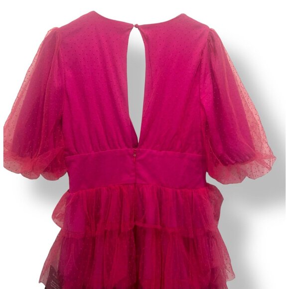 Lulus Hot Pink Tulle Tiered Puff Sleeve Mini Dress Womens Size M NWT 80s Madonna - Picture 16 of 16